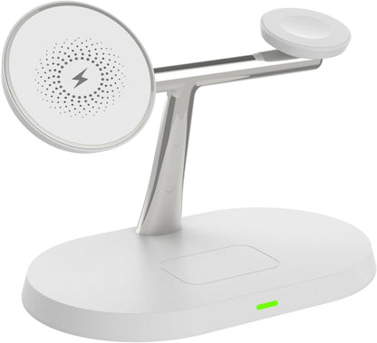BUCKKO 3 in 1 Wireless Charging Station Compatible with Magsafe Qi | iPhone | iWatch |Airpod Charging Station| Fashion Desktop Devices Reliable Voltage Support 3X+ Devices (White W/O Night Light)