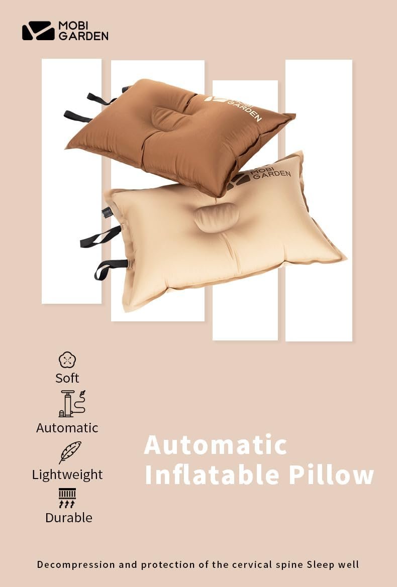 MOBI GARDEN Camping Inflatable Pillow, Automatic Ultralight Sponge, Comfortable Outdoor Travel Sleeping Pillow (Beige)