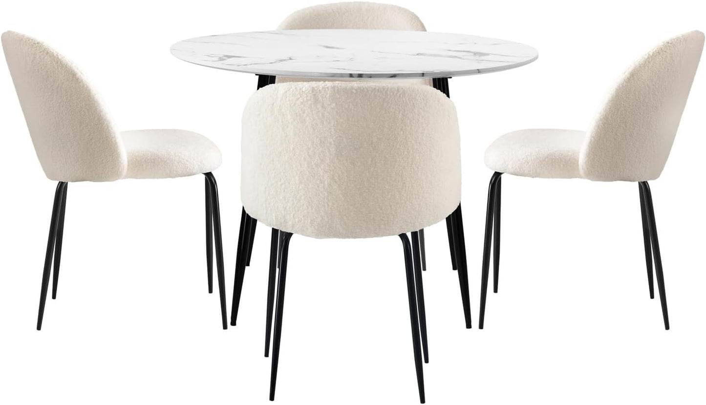 Oikiture Dining Sets with Marble Round Dining Table and Sherpa Dining Chairs Set of 4 White