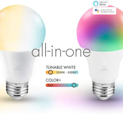 Globe Electric Wi-Fi Smart 10 Watt (60W Equivalent) Multicolor Changing RGB Tunable White Dimmable Frosted Led Light Bulb, No Hub Required, Voice Activated, 2000K - 5000K, A19 Shape, E26 Base 34202
