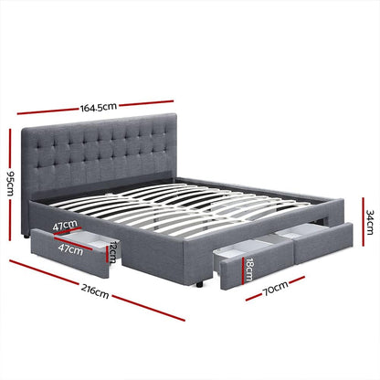 Artiss Queen Bed Frame Platform Tufted Headboard Frames Beds Base with 4 Storage Drawers Bedroom Room Decor Home Furniture, Upholstered with Grey Faux Linen Fabric + Foam + Wood