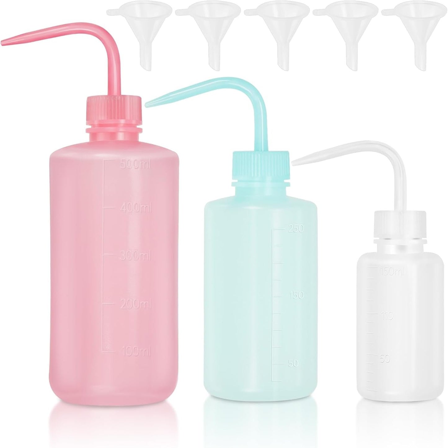 Swpeet 3Pcs 500ML/250ML/150ML Safety Bottles Watering Tools with 5Pcs Small Funnels Assortment Kit, Wash Bottles Water Squirt Bottle Succulent Watering Squeeze Bottle for Irrigation, Plant Washing