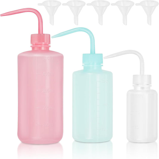 Swpeet 3Pcs 500ML/250ML/150ML Safety Bottles Watering Tools with 5Pcs Small Funnels Assortment Kit, Wash Bottles Water Squirt Bottle Succulent Watering Squeeze Bottle for Irrigation, Plant Washing