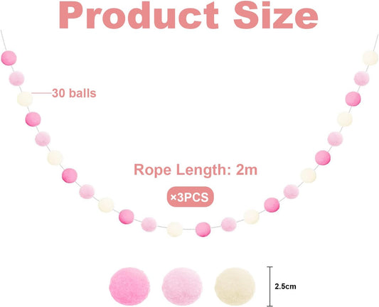 Felt Ball Pom Pom Garland, 2 Metres, 30 Balls, 3 Piece Set, Boho Party Decor (Light Pink)