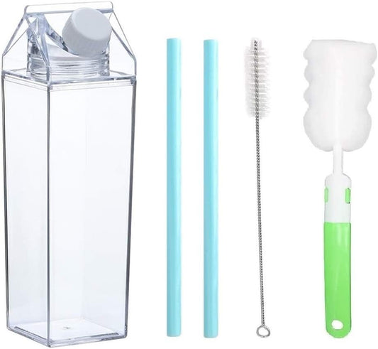 Fanovo 34oz Milk Carton Water Bottle Clear Milk Bottles Transparent Drinking Cup Reusable Creative Eco Leakproof Bottles with 2 Silicone Straws & 2 Cleanning Brushes for Camping Sports Travel