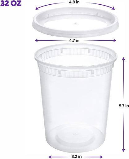 [24 Sets - 32 oz.] Plastic Deli Food Storage Containers with Airtight Lids