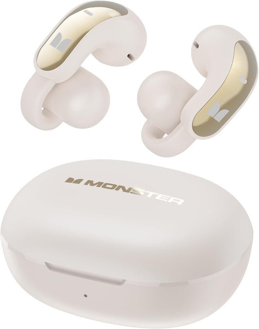 Monster Open Ear AC228 Wireless Headphones, Clip-On Earbuds, Adaptive Comfort, Immersive Audio, Bluetooth 6.0 Open Ear Earbuds with ENC Clear Call, 30H Playtime, IPX5 Water Resistant for Sport, White