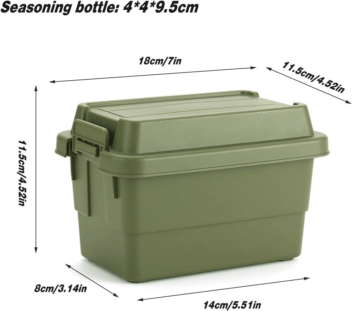 AIMALL Outdoor Mini Storage Box with 6 Seasoning Bottles, 4.52 x 7 x 5.51 Inches, Compact Plastic Container for Camping, Travel, BBQ, and Desktop Use
