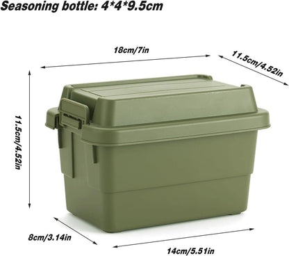 AIMALL Outdoor Mini Storage Box with 6 Seasoning Bottles, 4.52 x 7 x 5.51 Inches, Compact Plastic Container for Camping, Travel, BBQ, and Desktop Use