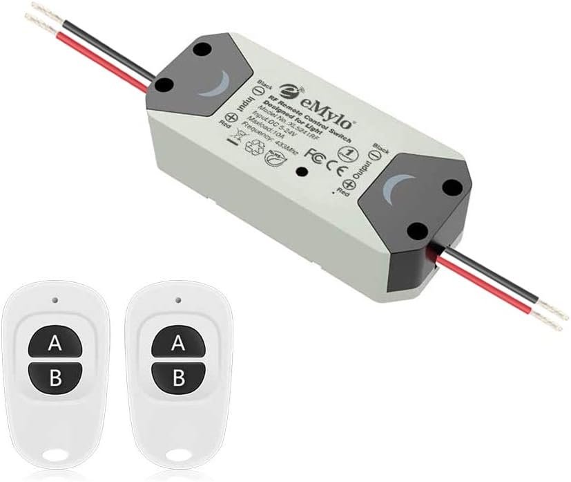 eMylo Smart Wireless Relay Switch DC 12V RF Relay Module One 1-Channel Remote Control Switch 5V-24V RF Switch Home Automation 433Mhz with Two Transmitters 1 Pack