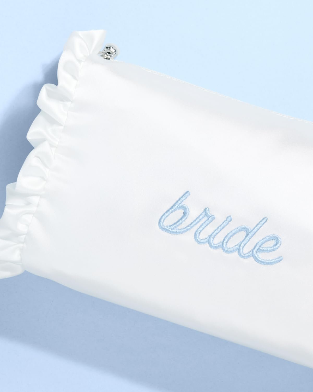 xo, Fetti White Satin Bride Cosmetic Bag | Bachelorette Party Decorations, Bride To Be Purse, Bridal Shower Accessory, GRWM Makeup Bag, White, Ruffle