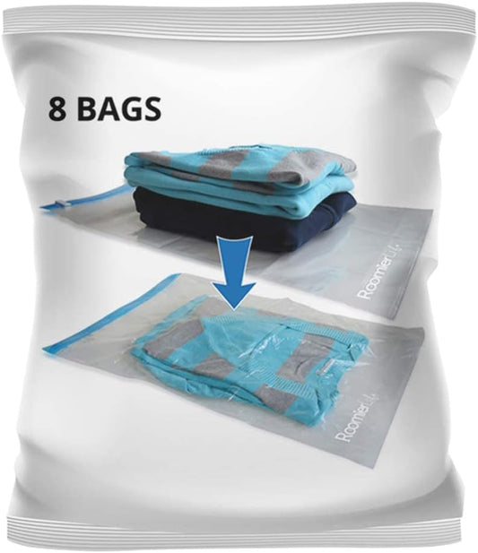 RoomierLife 8 Travel Space Saver Bags. Pack of 8 Bags, Size Medium to Large. Roll-Up Compression Storage (No Vacuum Needed) & Packing Organizers. Perfect for Travel and Home Storage