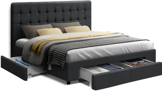 Artiss Double Bed Frame Platform Tufted Headboard Frames Beds Base with 4 Storage Drawers Bedroom Room Decor Home Furniture, Upholstered with Charcoal Faux Linen Fabric + Foam + Wood