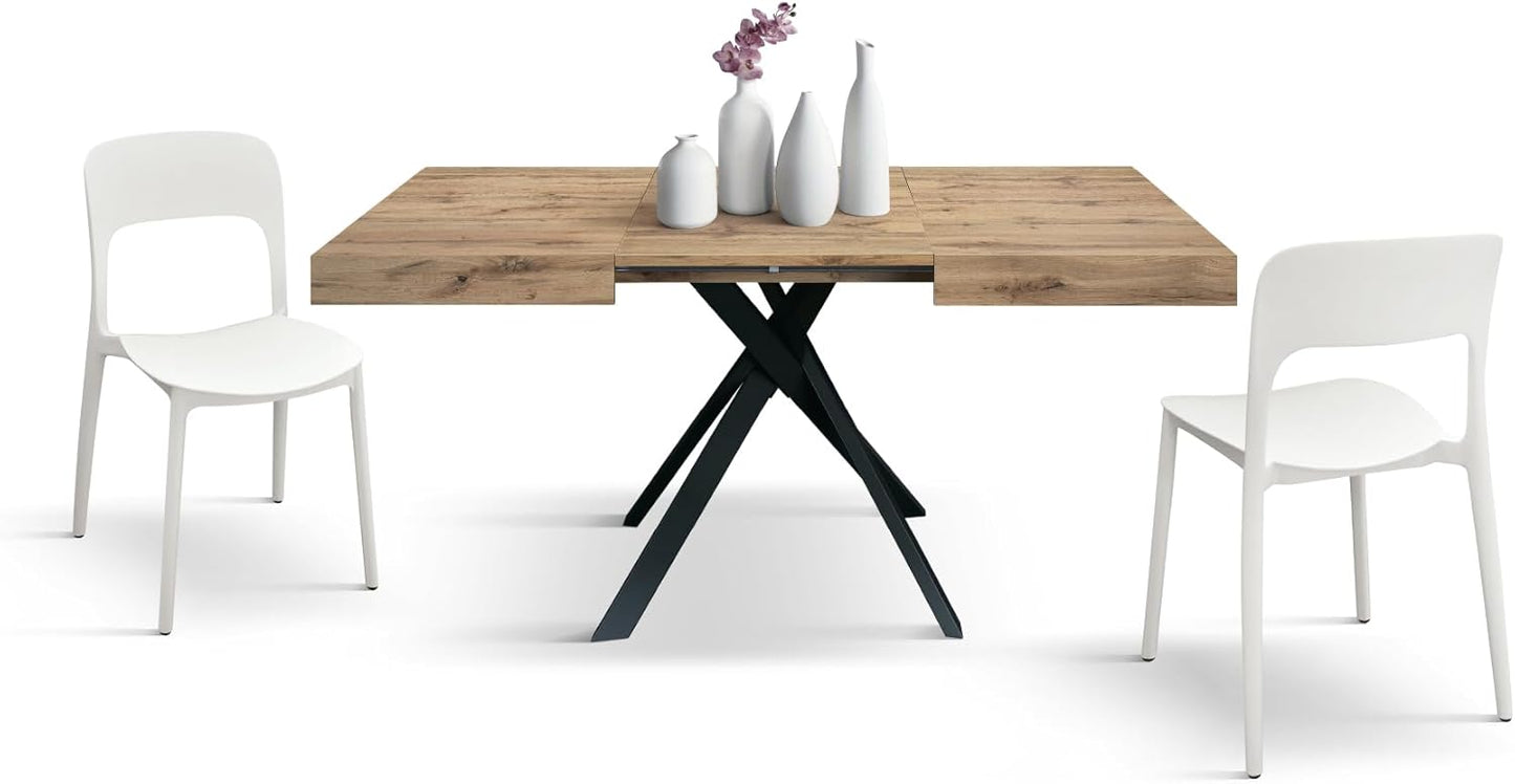 PAZZO DESIGN Leonardo Extendable Table, Black Cross Legs, Made In Italy, Rustic Oak, Kitchen Table, Dining Room Table, Extendable Table, 95 x 90 x 76 cm - id_2129