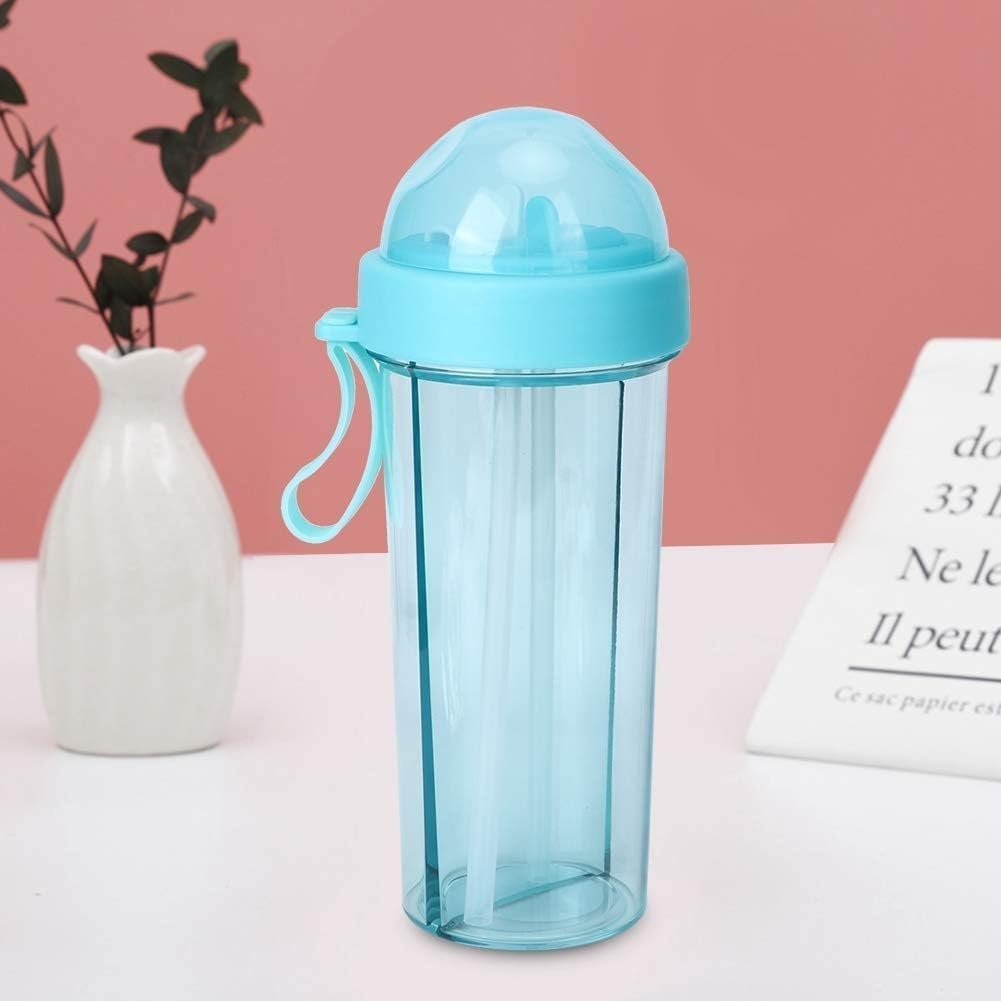 Creative Water Cup, 600ml 2 Drinks in 1 Cup Two Straws Dual Use Couple Water Bottle Travel Dual Use Drinking Bottle Straw Cup for Sport, Camping, Home, Outdoor