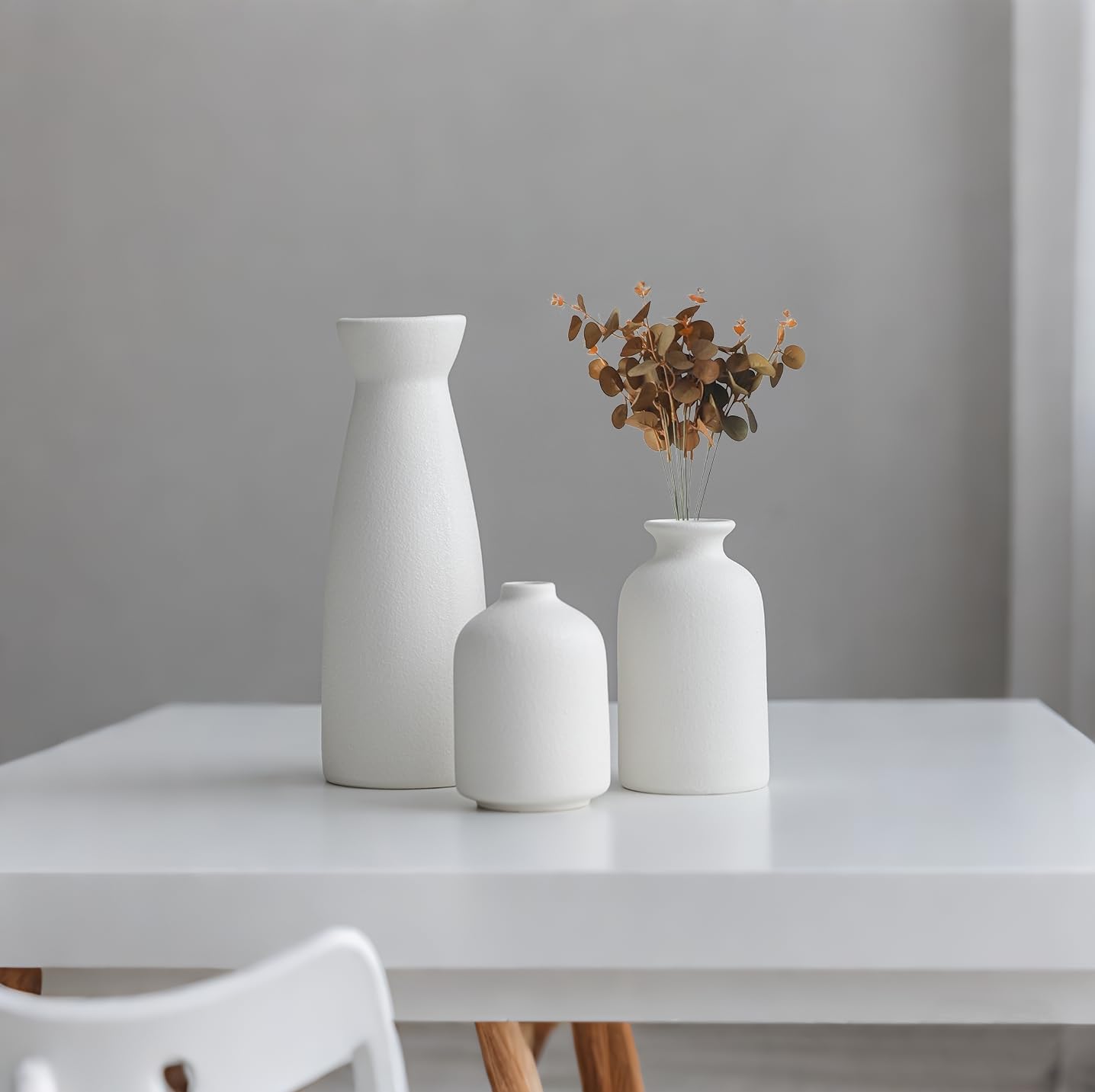 TINCTOTNIC Distressed Ceramic Vase Set of 3, Modern Bohemian Farmhouse Home Decor, Pampas Grass Dried Flowers Vases for Living Room, Dining Room, Bedroom, Kitchen, Bathroom, Office, Entryway (White)