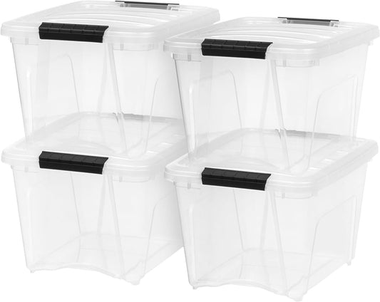 IRIS USA 18 L Plastic Storage Box with Lid and Latches - 4 Pack - BPA-Free, See-Through Organizing Solution, Durable Nestable Stackable Containers, Secure Pull Handle - Clear