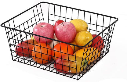 Kitchen Wire Baskets Farmhouse Decor Metal Food Storage Organizer,Household Refrigerator Bin with Built-in Handles for Cabinets,Pantry,Bathroom,Black