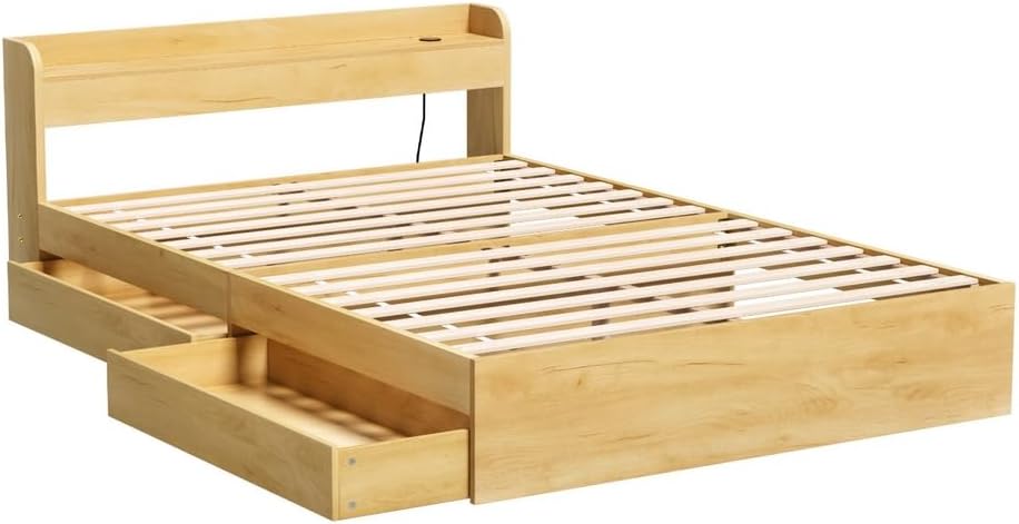 Artiss Double Bed Frame with 2 Storage Drawers, Platform Bed with Headboard, Bed Base with USB Ports, Sturdy Wooden Slat Support, 300KG Capacity Guest Bed for Bedroom Furniture, Easy Assembly