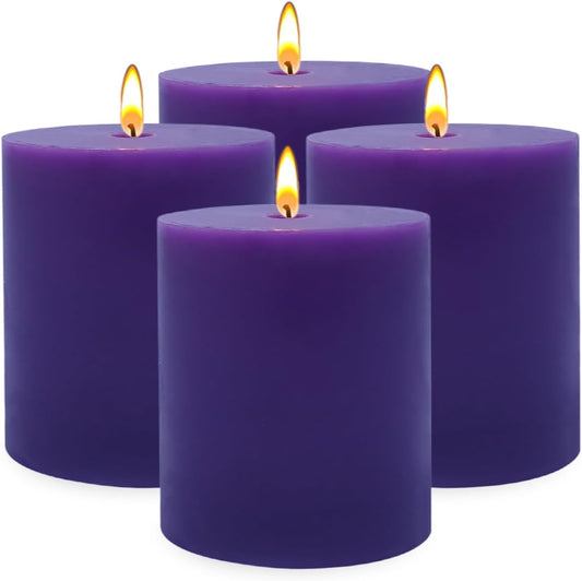 Set of 4 3x4 Inch Purple Pillar Candles, Unscented Dripless Cylinder 45 Hours Colored Candles for Home Emergency Power Outages Table Decoration Ambience