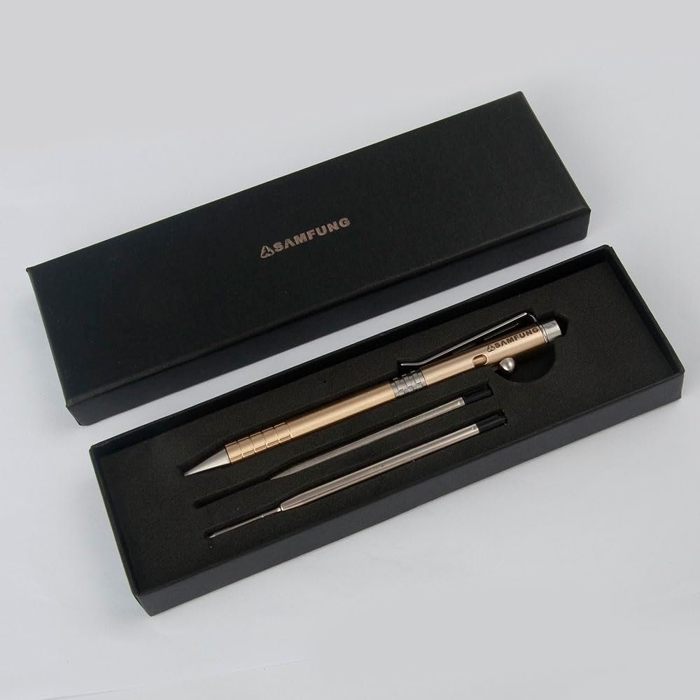 SAMFUNG Stick Ballpoint Pen Solid Brass EDC Pen, Pocket Rollerball Signature Pen with Black Ink Refill for Writing Stationery Gift Office Business