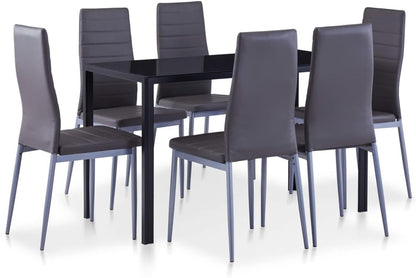 vidaXL Modern Seven Piece Dining Set in Grey - Tempered Glass Tabletop and Faux Leather Upholstery