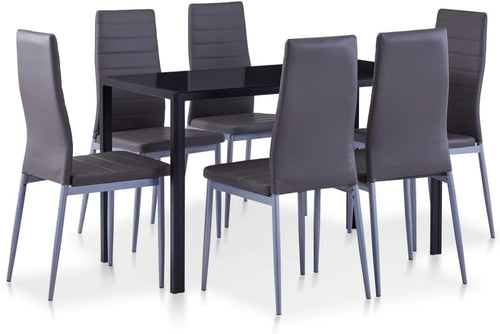 vidaXL Modern Seven Piece Dining Set in Grey - Tempered Glass Tabletop and Faux Leather Upholstery