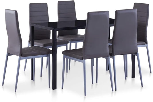 vidaXL Modern Seven Piece Dining Set in Grey - Tempered Glass Tabletop and Faux Leather Upholstery
