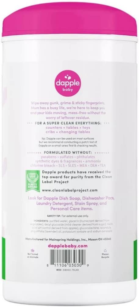 Dapple Baby - All Purpose Cleaning Wipes, Baby Safe, Natural Toy and High Chair Wipes, Plant Based, Sweet Lavender Scented - 75 Count