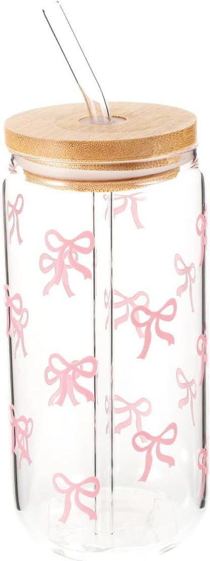 Garneck Cute Glass Cups with Lids and Straws Capacity Bow Cups for and Adults Ideal for Juice