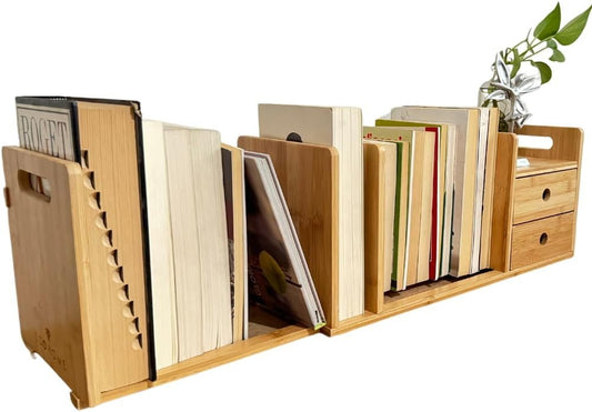 ECOHOME Desktop Bookshelf Expandable with Two Drawer Organizers Made of Bamboo, Collapsible Design & Compartments for Efficient, Clutter-Free Workspace Organization - Sleek Bookshelf