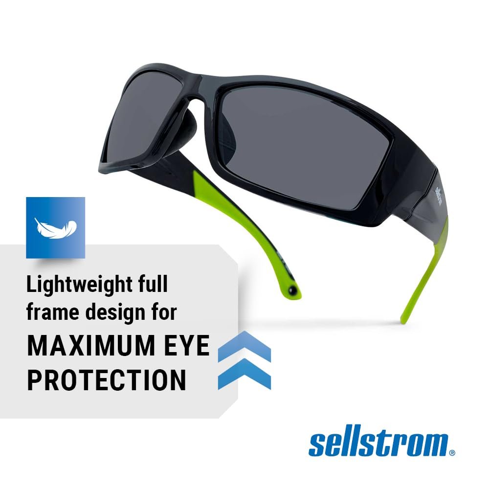 Sellstrom Stylish, Sporty, Slip-Resistant, Anti-Fog Hard Coating Protective Eyewear Safety Glasses, Smoke Lens, Co-Molded Temples, Soft Nose Piece (Qty 1), Black/Green, S72401
