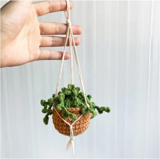 XINLIYA Crochet Cute Potted Plants, Hanging Handmade Knitted Decor for Women Men, Woven Cute Charms Ornament Pendant, Car Accessories Interior Aesthetic (Coffee/Green)