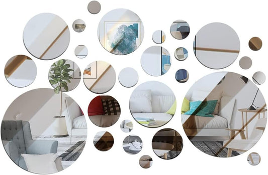 32 Pcs Acrylic Mirror Round Wall Stickers, Removable Wall Decal Mirror Set, Bathroom Wall Sticker Art, Circle Ceiling Mirrors for Bedroom, Home, Living Room, Sofa TV Background Decor (Large)