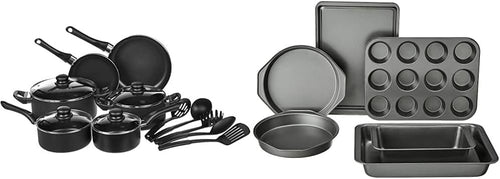 Amazon Basics 15-Piece Non-Stick Kitchen Cookware Set + 6-Piece Nonstick Bakeware Set