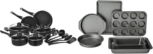 Amazon Basics 15-Piece Non-Stick Kitchen Cookware Set + 6-Piece Nonstick Bakeware Set