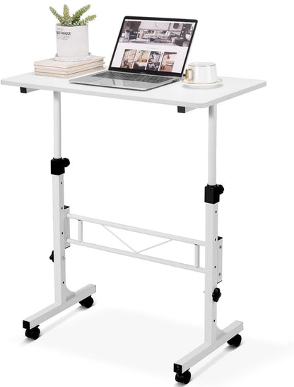 Small Standing Desk Adjustable Height 32 Inch Mobile Sit Stand up Portable Rolling with Wheels Standing Desk for Walking pad Treadmill White