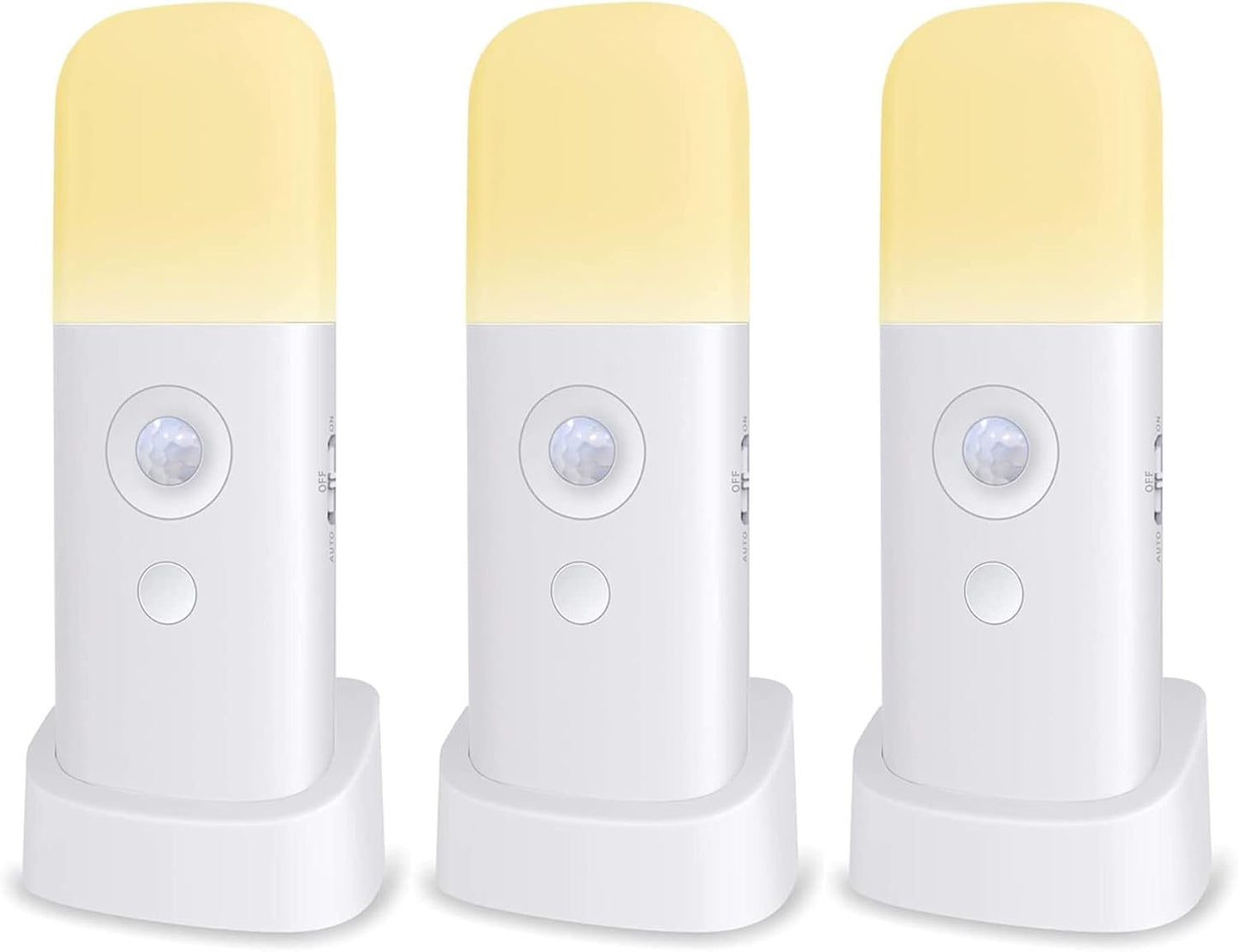 Zoeson Motion Sensor Light Indoor with Base, USB Rechargeable Battery 2000mAh, Dimmable LED Night Light, Bedside Lampfor Kids Room, Bathroom,Living Room, Bedroom(Warm White) (3-Pack)