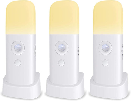Zoeson Motion Sensor Light Indoor with Base, USB Rechargeable Battery 2000mAh, Dimmable LED Night Light, Bedside Lampfor Kids Room, Bathroom,Living Room, Bedroom(Warm White) (3-Pack)