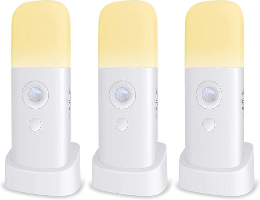 Zoeson Motion Sensor Light Indoor with Base, USB Rechargeable Battery 2000mAh, Dimmable LED Night Light, Bedside Lampfor Kids Room, Bathroom,Living Room, Bedroom(Warm White) (3-Pack)