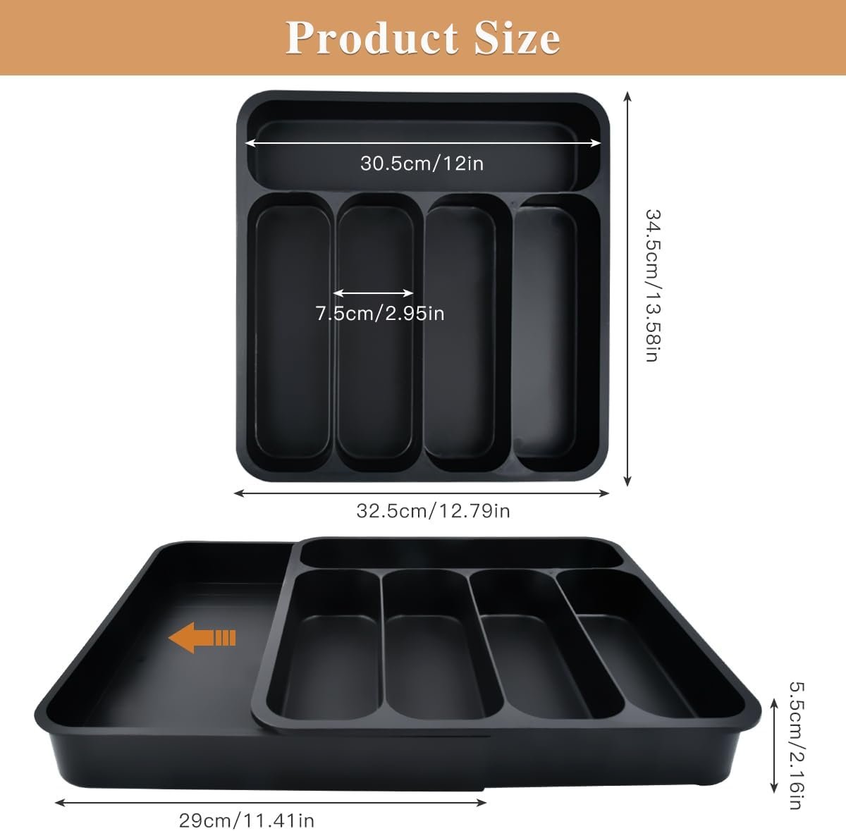 BUYGOO Expandable Cutlery Drawer Organiser, Utensil Drawer Organiser Cutlery Tray Kitchen Drawer Organiser 6 Compartment Adjustable Large Cutlery Drawer Inserts Knife and Fork Drawer Organiser, Black