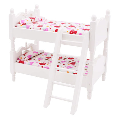 WANGCL Doll Bed 1/12 Miniature Bunk Bed Wooden Dollhouse Furniture for Barbie Dolls Bed Decoration - Strawberry Pattern