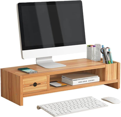 Monitor Stand, 2 Tier Computer Monitor Riser with Drawer and Pen Holder, Ergonomic Laptop Stand, Desktop Shelf for Laptop, TV Screen, PC Monitor (Cherry Wood)