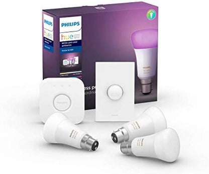 Philips Hue White and Color LED Smart Button Starter Kit, 3 A60 Smart Bulbs, 1 Smart Button and 1 Hue Hub (Compatible with Alexa, Apple HomeKit and Google Assistant)