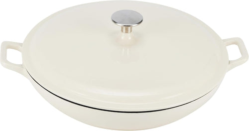 AmazonBasics Enameled Cast Iron Covered Casserole Skillet, 3.3-Quart, White