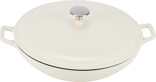 AmazonBasics Enameled Cast Iron Covered Casserole Skillet, 3.3-Quart, White
