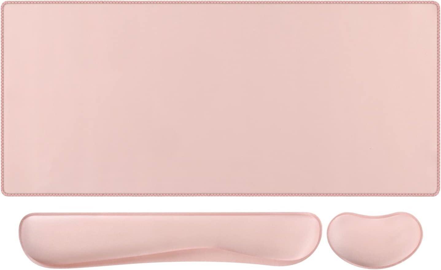 iCasso Mouse Pad Set, Memory Foam Ergonomic Keyboard Mouse Wrist Rest, Extended Desk Pad with Stitched Edges (35.4 x 15.7 inch), Non-Slip Waterproof Mouse Pad for Home Office Study Game (Pink)