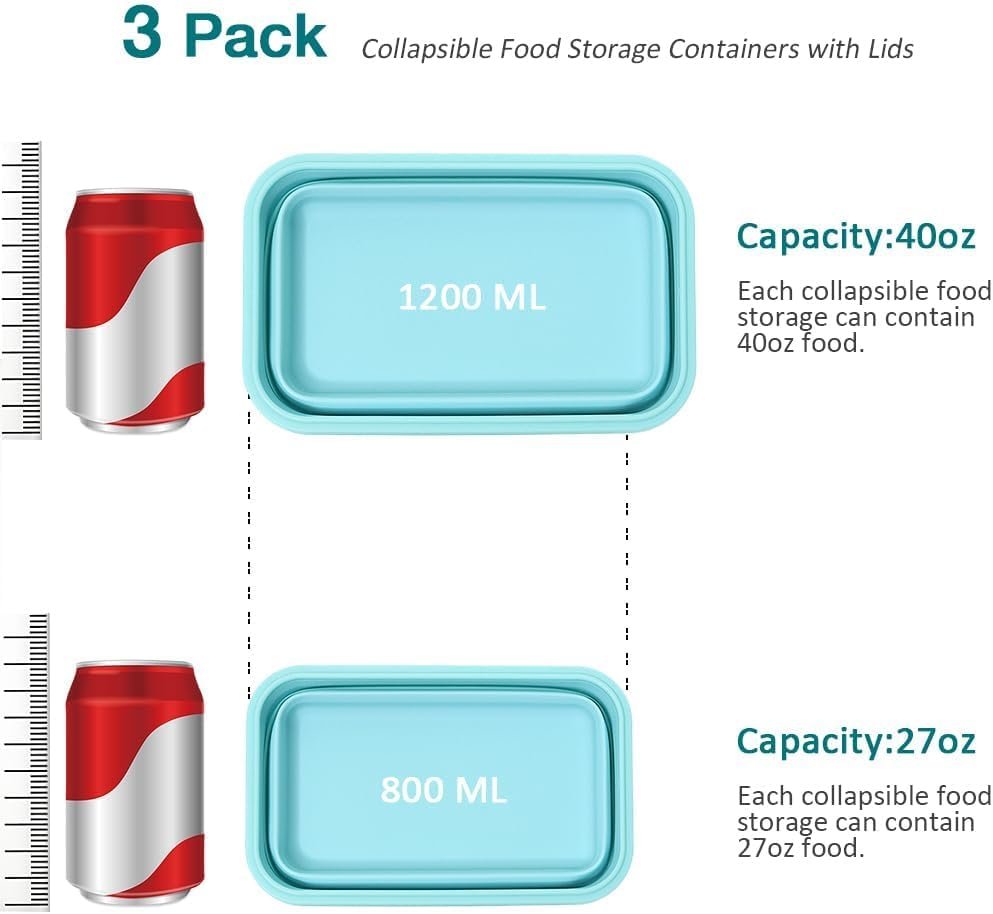Alimat PluS Silicone Food Storage Containers with Lids - 3 Pack Set 40.5oz/1200ml Collapsible Meal Prep Lunch Containers - Microwave, Freezer and Dishwasher Safe