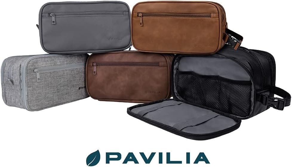 PAVILIA Toiletry Bag for Men, Travel Toiletries Bag | Water-resistant Dopp Kit, PU Leather Shaving Pouch Organizer for Accessories, Cosmetic, Hygiene, Grooming Essentials (Brown)