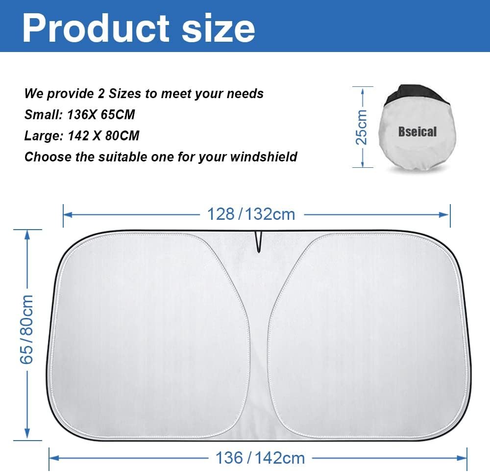 Car Sunshade Interior Windshield 136 x 65 cm, Car Sun Protection UV and Sun Heat Protection, Universal Car Windscreen Cover, Summer Accessories, Foldable, for Suv, Sedan
